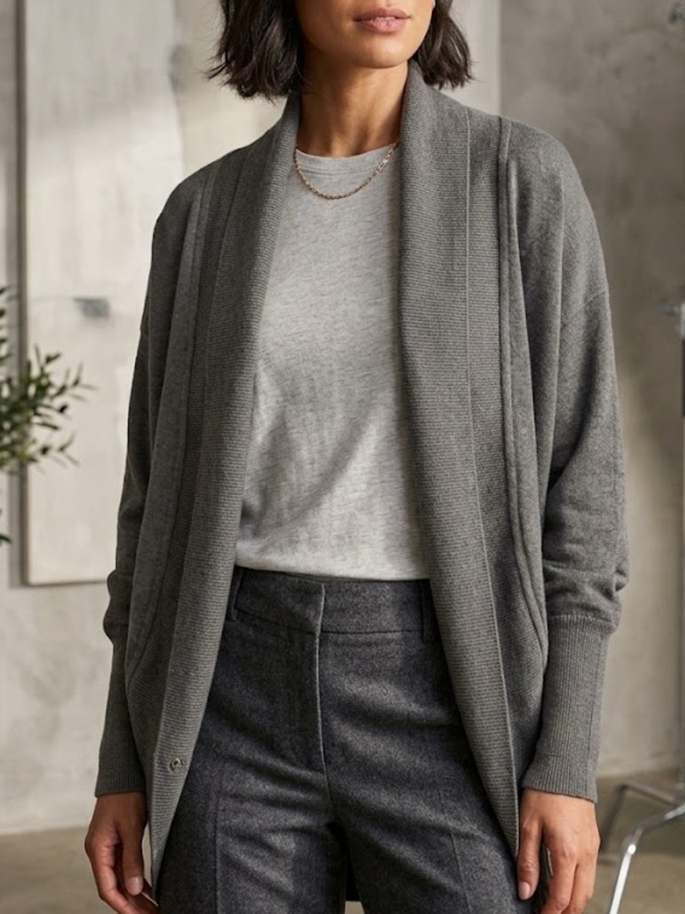 Wilfred Charcoal Open-Front Shawl Collar Cardigan